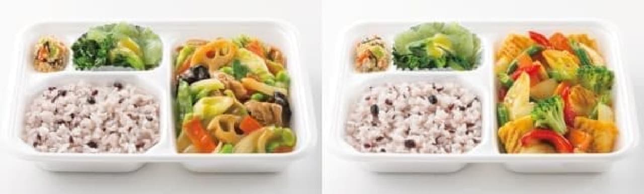 「豚肉とたっぷり野菜の八宝菜」（左）と「いかと彩り野菜のカレー炒め」（右）