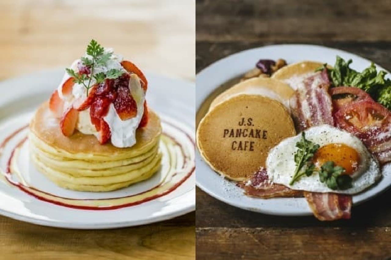 Strawberry pancake (left), BLT pancake