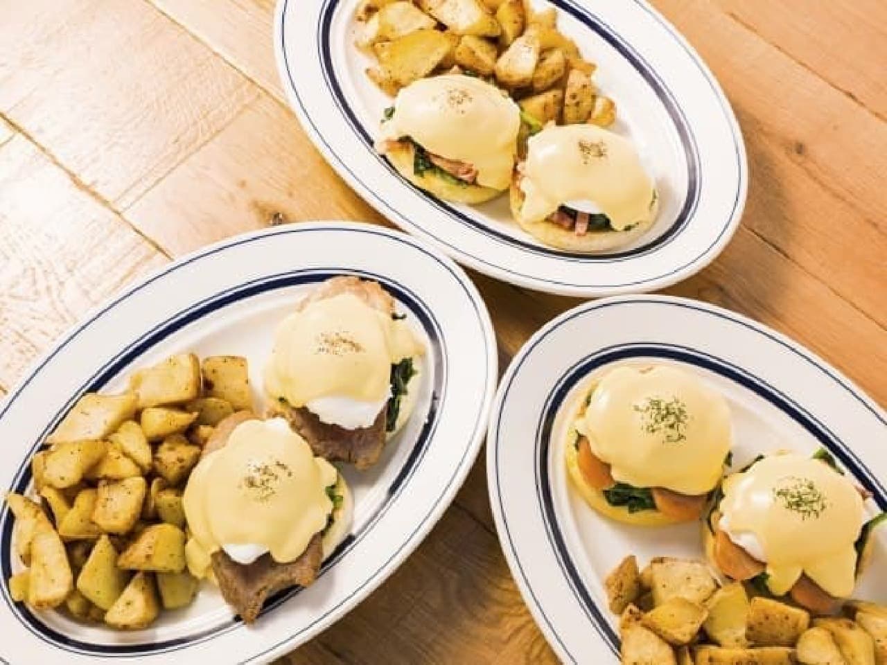 Clockwise from the upper right, "Eggs Benedict Standard", "Smoked salmon", "Canadian bacon"