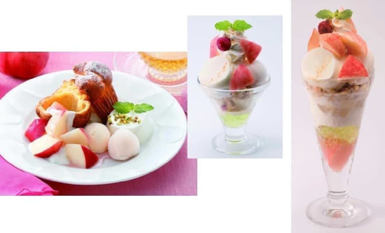 左から「フレッシュ桃のポップオーバー」「桃のミルクプリンミニパルフェ」「桃のミルクプリンサンデー」