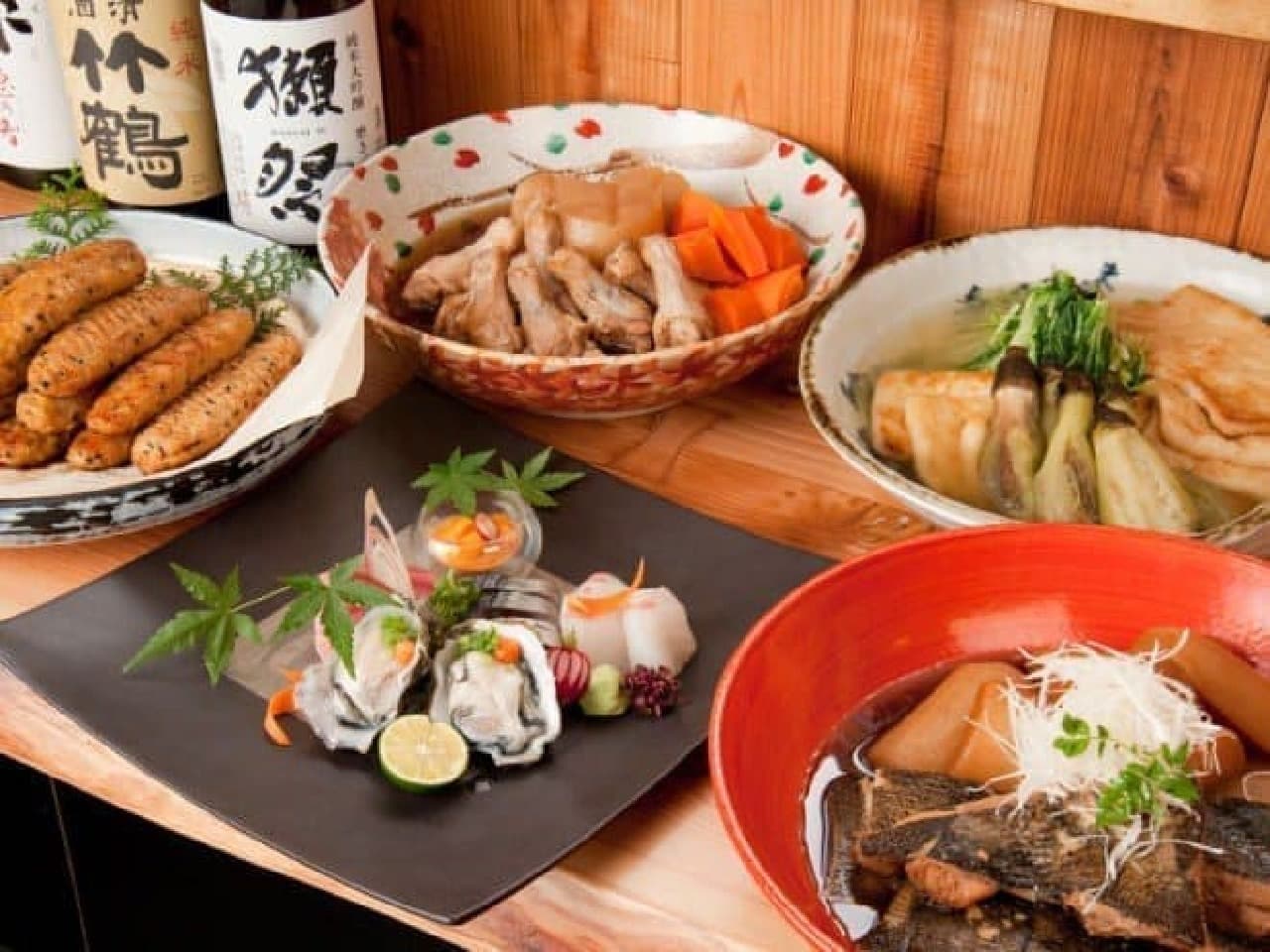A number of Japanese dishes that are perfect for "premium local sake"