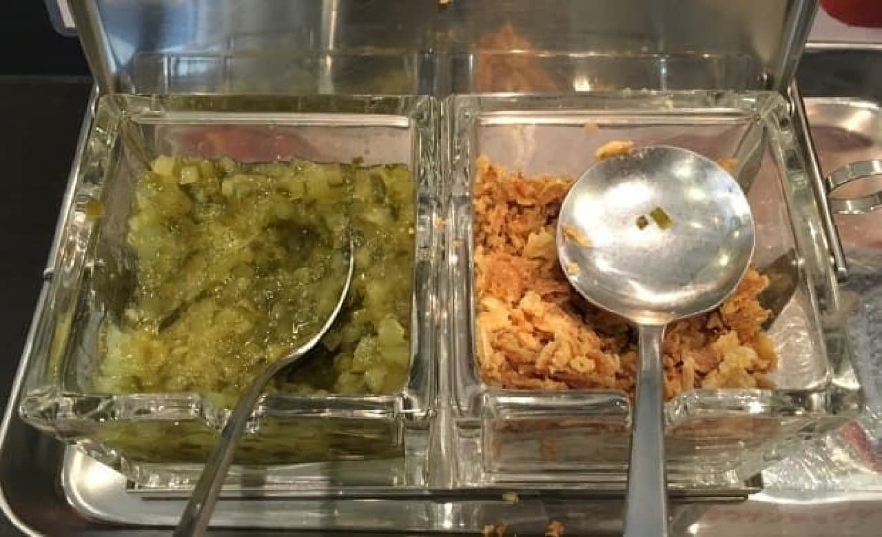 Pickles (left) and fried onions (right)