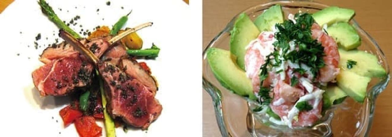 Grilled lamb spine (left) and shrimp and avocado cocktail (right)
