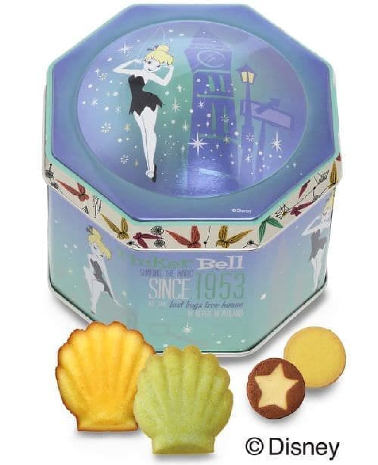 "[Tinker Bell] Gift Can (4 types, 9 pieces)" is a gift can containing madeleine and cookies.