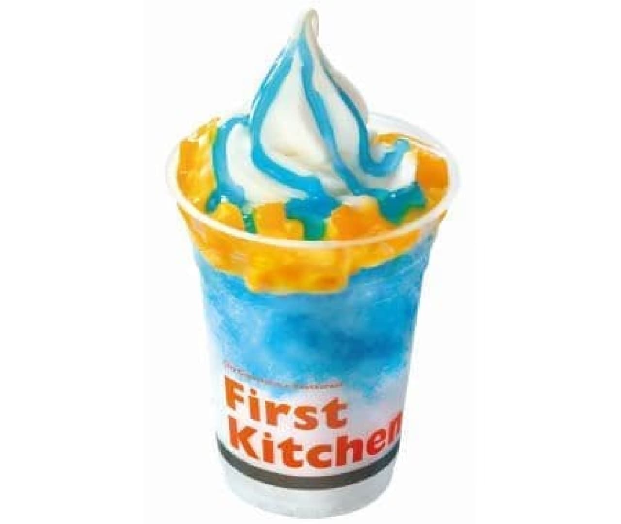 "Blue Hawaii & Mango" is a sweet that is topped with soft serve ice cream and mango sauce.
