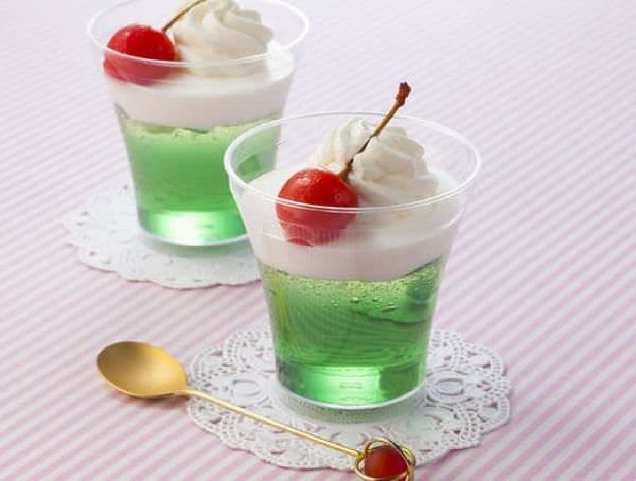 "It's like cream soda jelly" is a cream soda-style cup sweet topped with lemon mousse, whipped cream, and cherries.