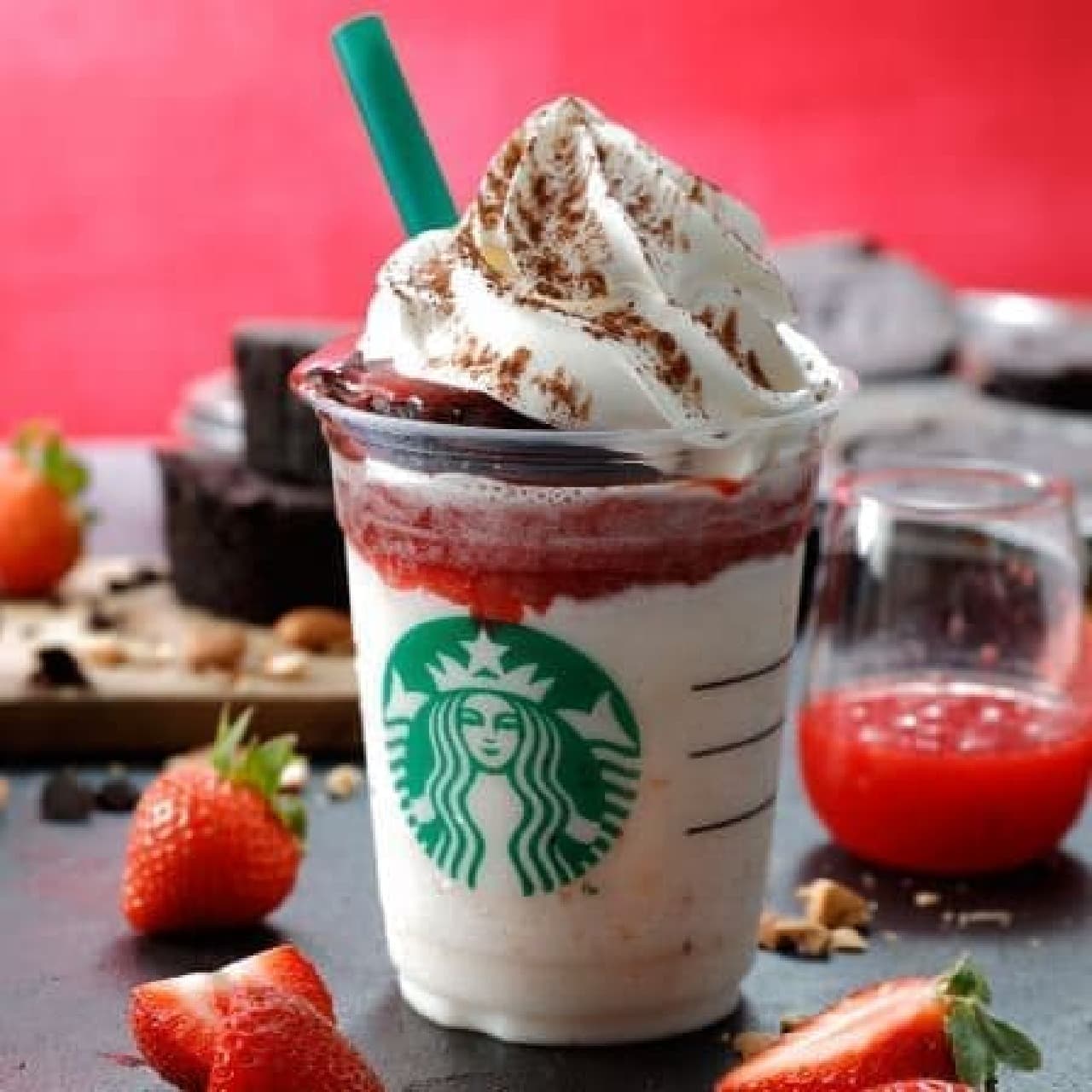 Chocolate cake top Frappuccino with strawberry shot