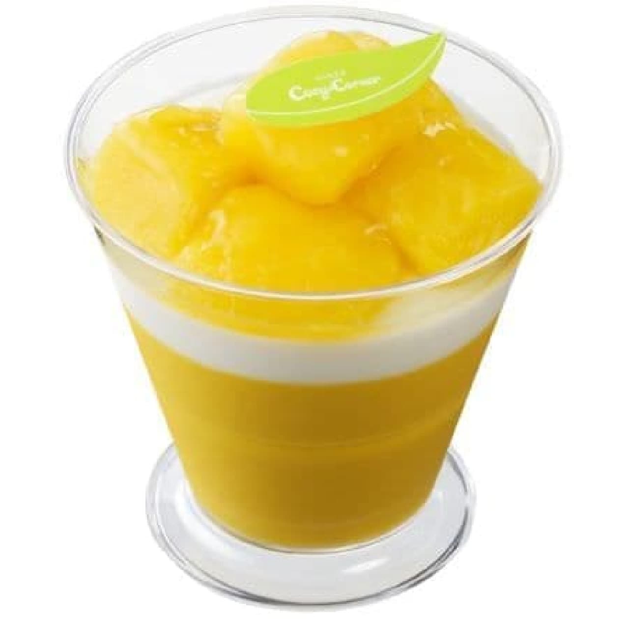 "Rich mango pudding" is a sweet that is decorated with mango on a mango pudding with coconut jelly layered on top of it.