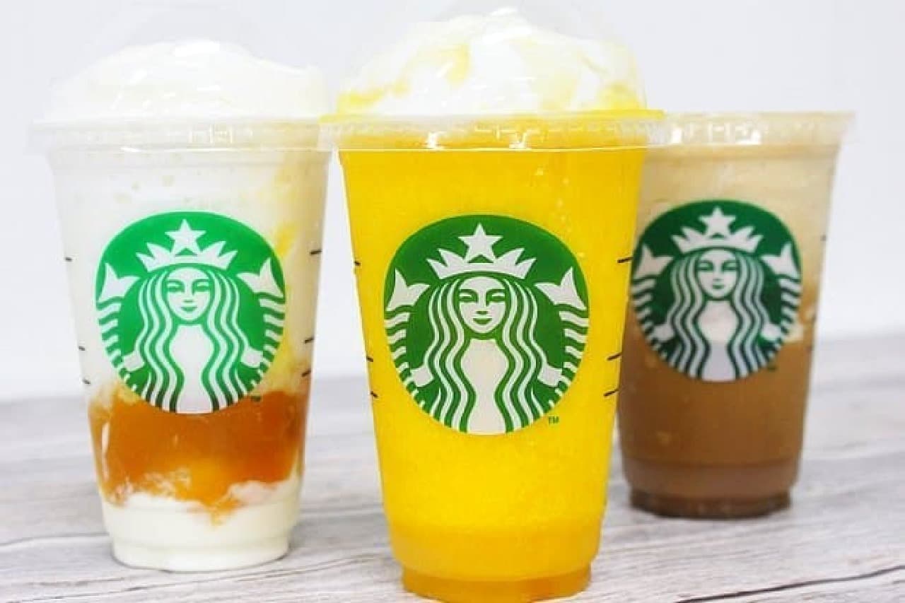 Starbucks "Vanilla Cream Frappuccino" "Coffee Frappuccino" "Mango Passion Tea Frappuccino"