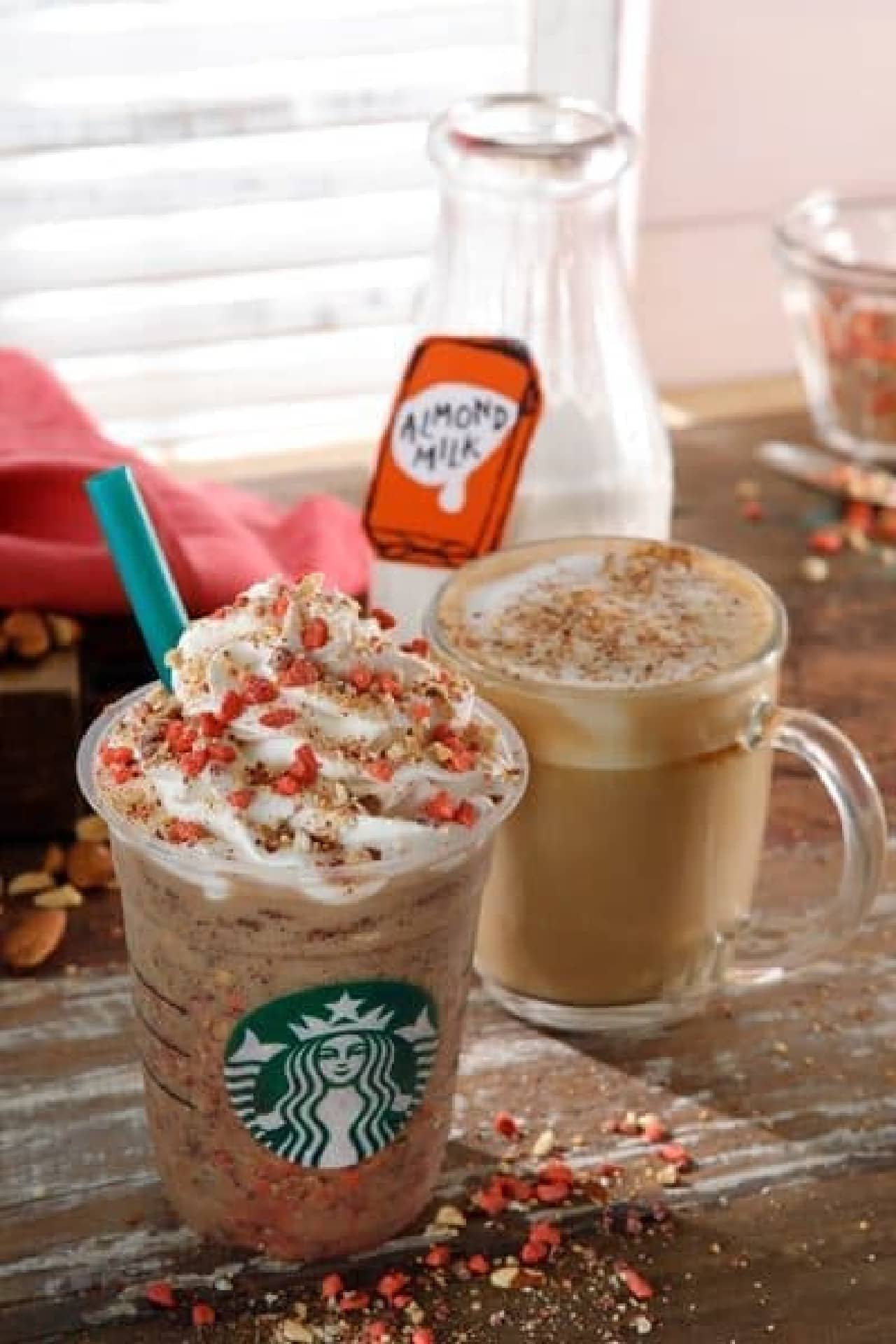 Starbucks "Almond Milk & Granola Frappuccino" and "Natti Almond Milk Latte"