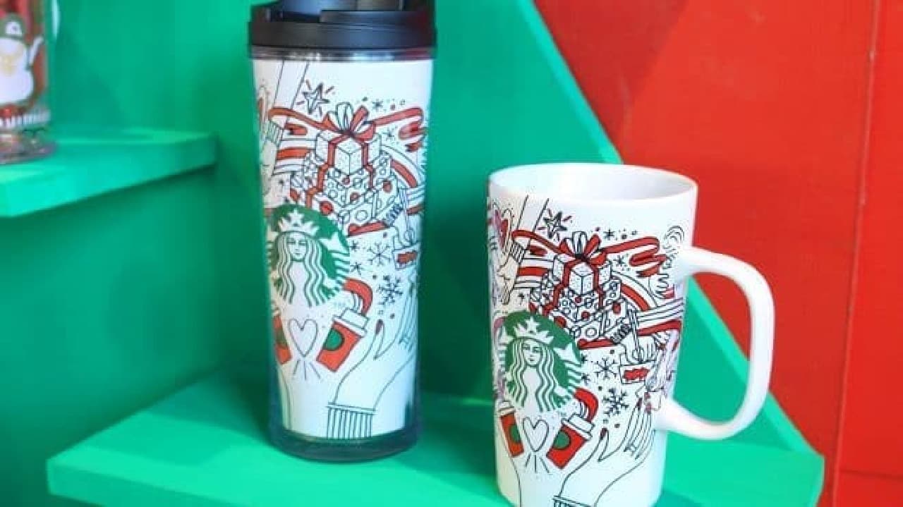 "Holiday Cup Tumbler 355ml (1,300 Yen)" and "Holiday Cup Mug 355ml (1,700 Yen)"
