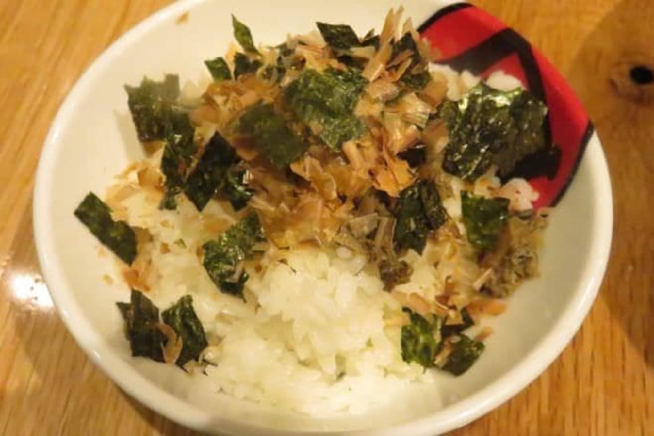 Fisherman's rice is a dish topped with dried sardines, special miso, seaweed and dried bonito flakes.