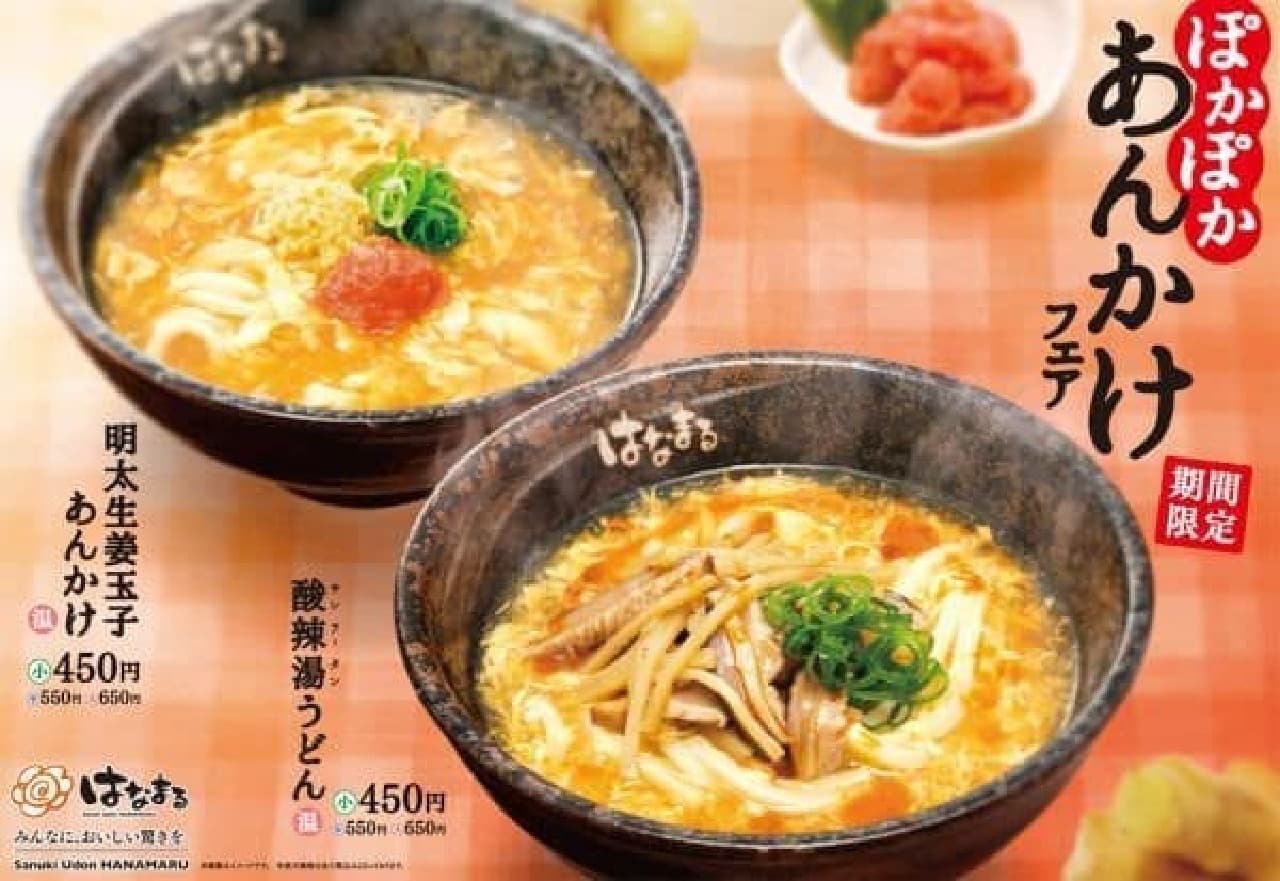 "Hot and sour soup udon" and "Menta ginger egg ankake" sold at Hanamaru Udon