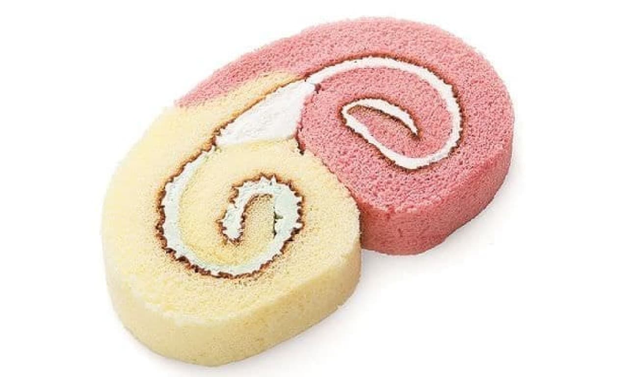 Two-color roll cake Two-color roll cake is a roll cake with strawberry dough wrapped in vanilla cream and plain dough wrapped in melon cream.