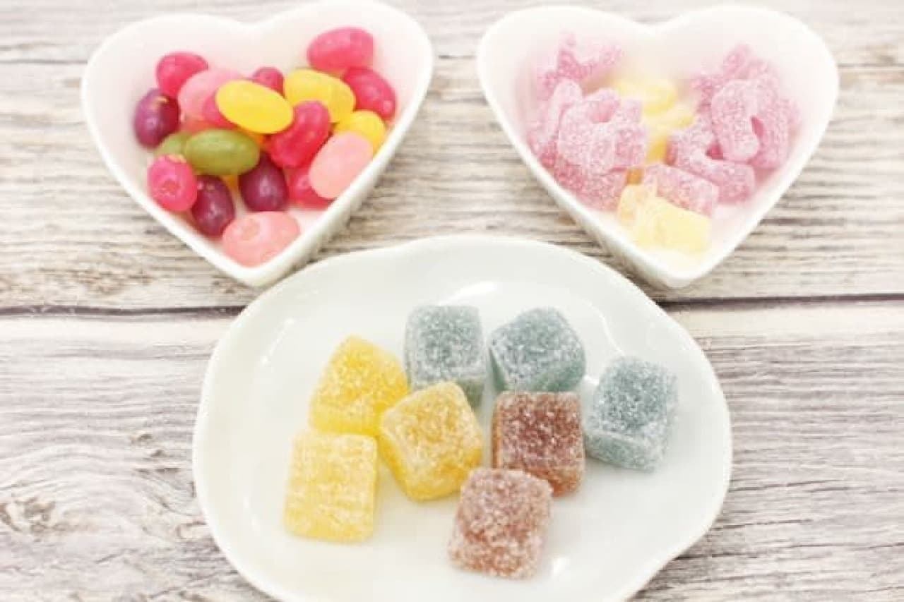 3 types of gummy candies with a hard texture