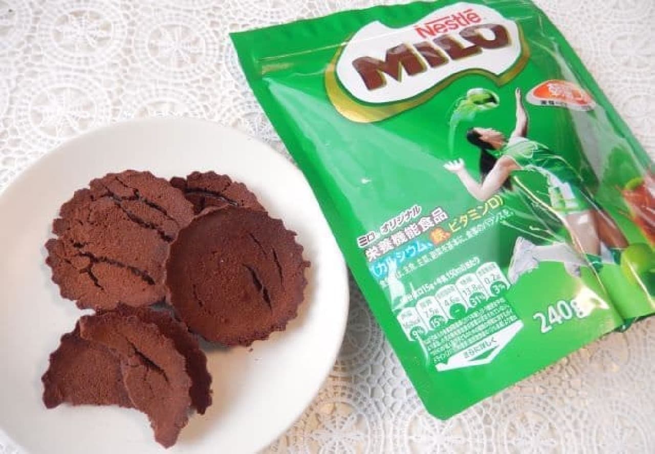 "Milo cookie" that is just baked with Miro packed in a mold