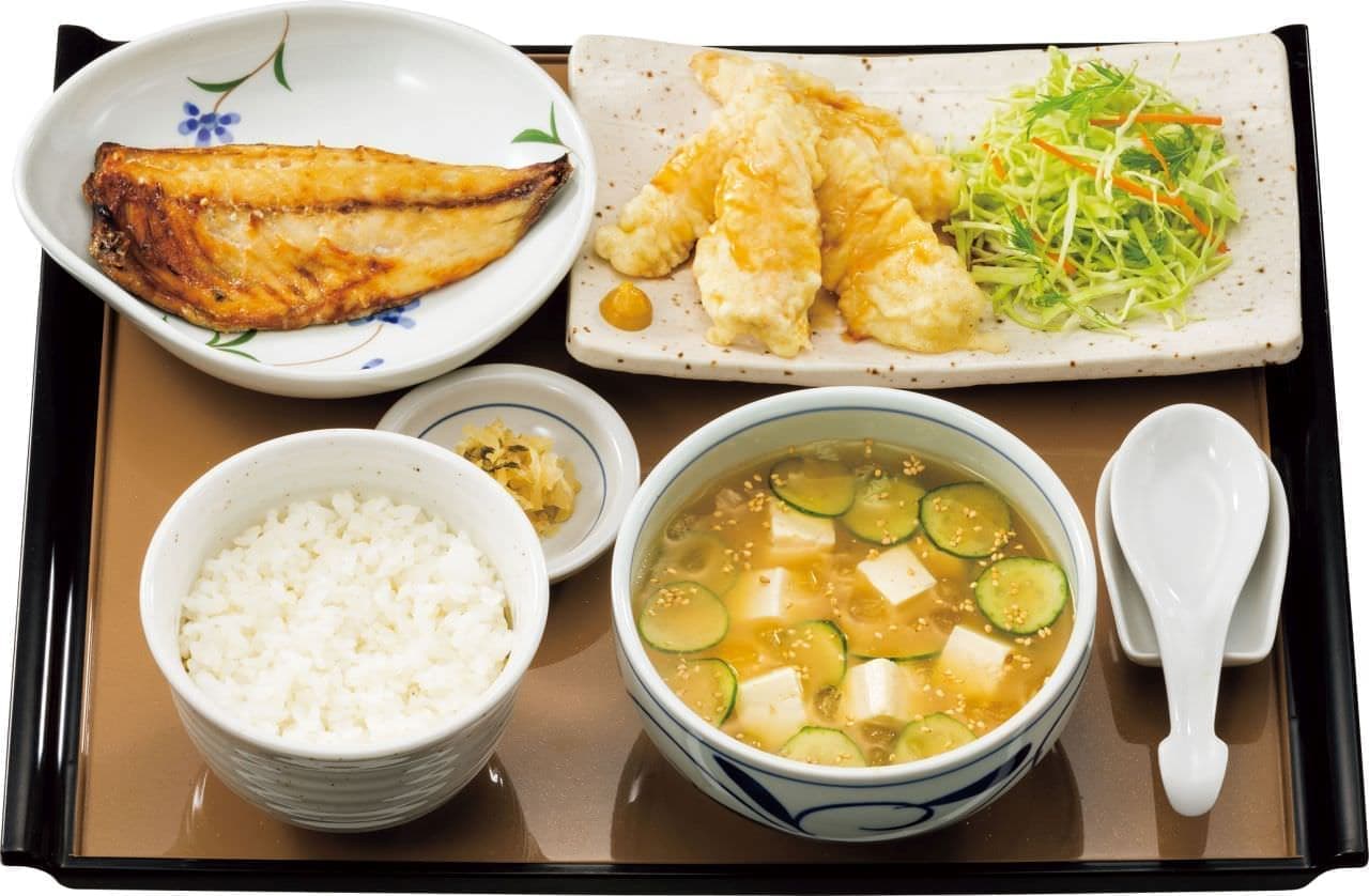 Yayoiken "Hiyajiru and chicken tempura set meal"
