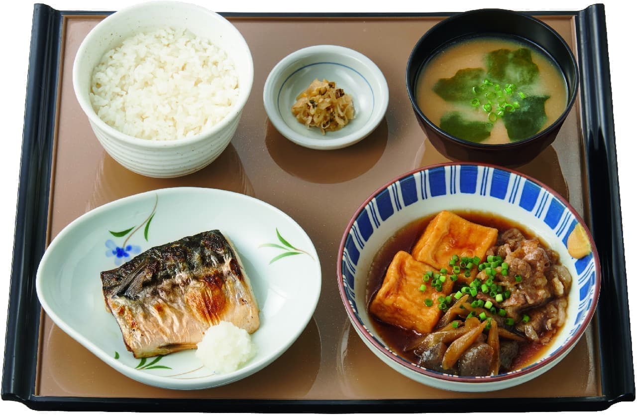 "Set meal of meat tofu and grilled fish" "Set meal of meat tofu and minced meat cutlet" at Yayoiken