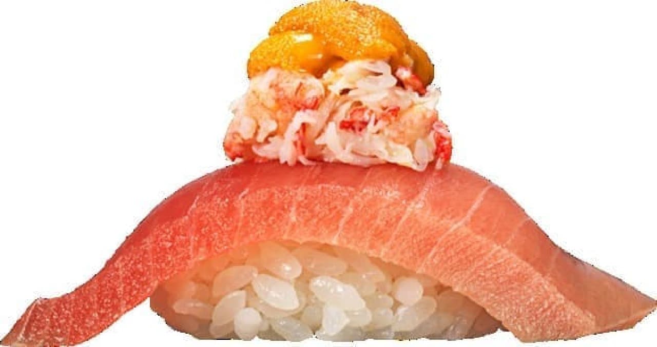 かっぱ寿司 つかみ寿司「中とろと本ずわい蟹とイクラ」「中とろと本ずわい蟹とウニ」