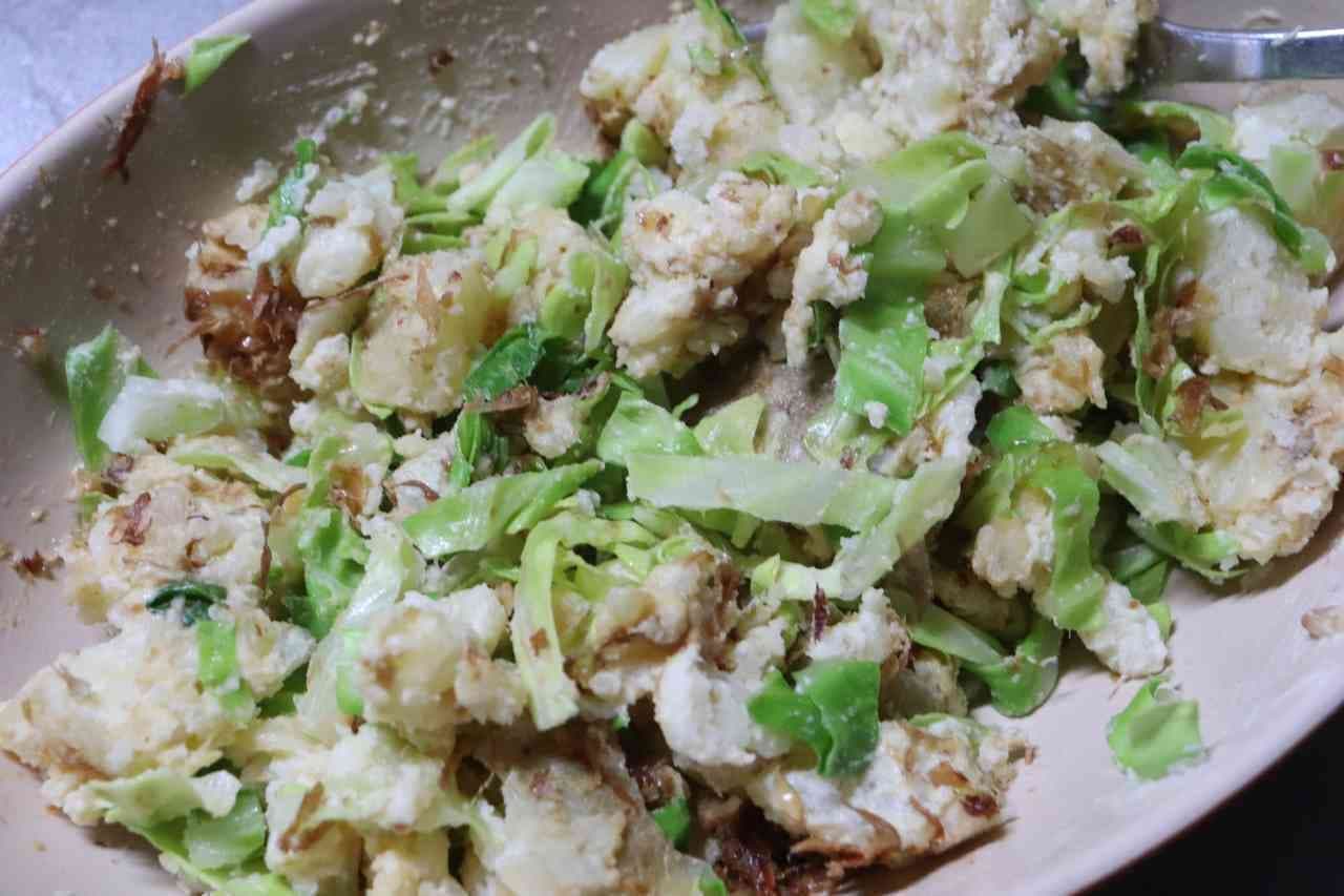 Japanese potato salad with cabbage bonito flakes