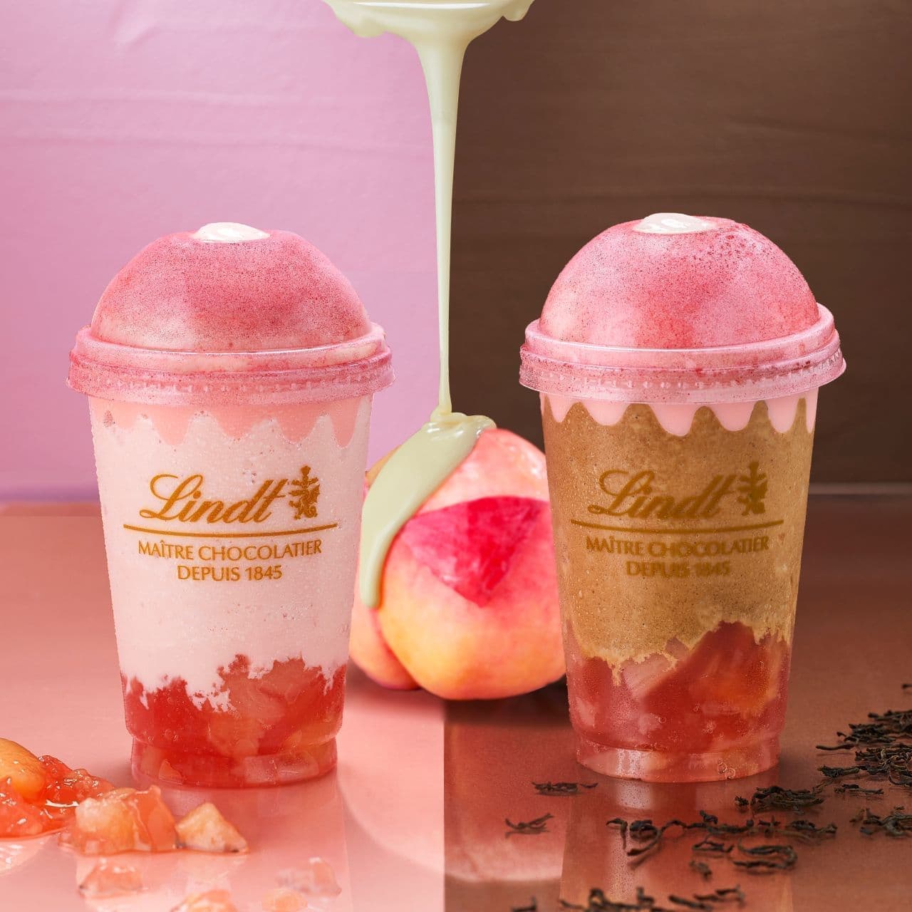 "Lindt Gorotto Peach x Peach Chocolat Drink" and "Lindt Fragrant Earl Gray x Peach Chocolat Drink"