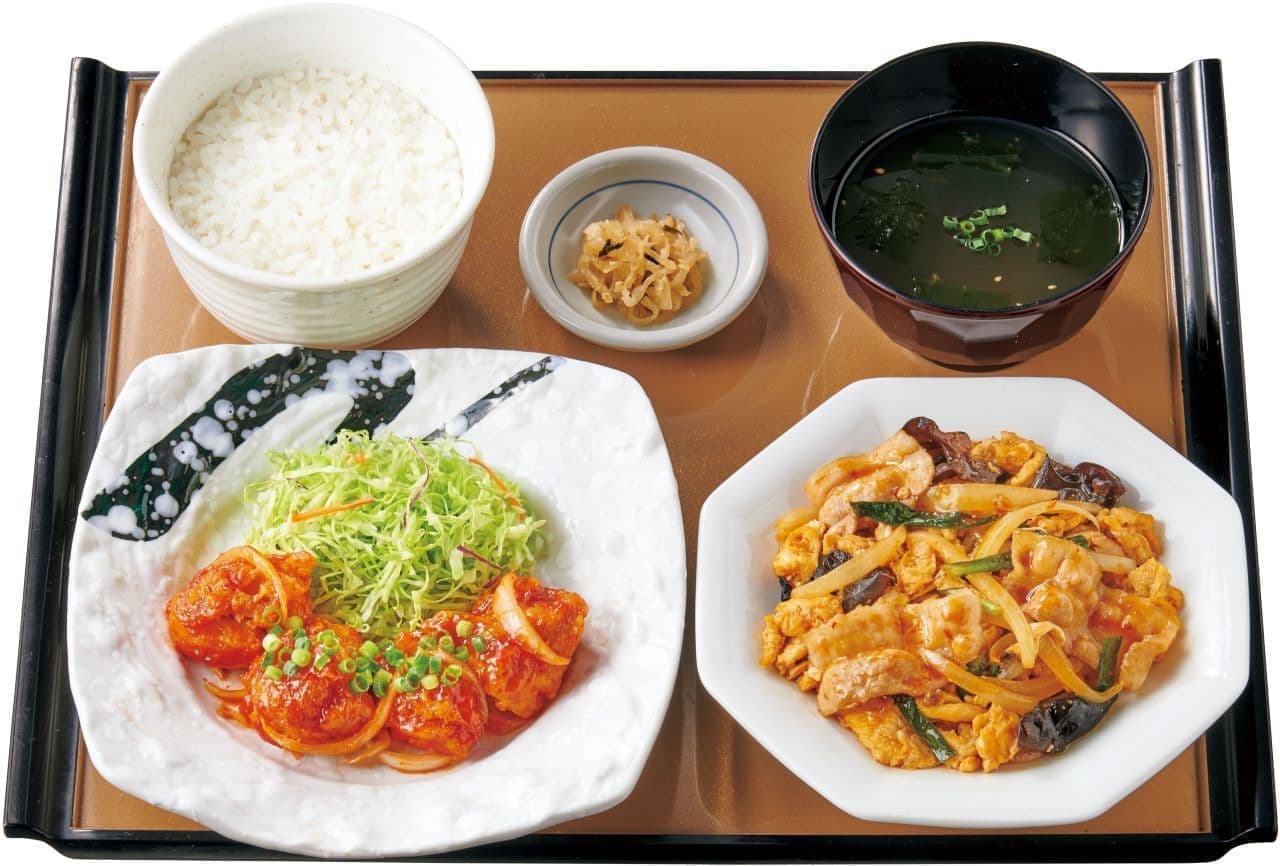 Yayoiken "Set meal of Moo shu pork and chicken chili"