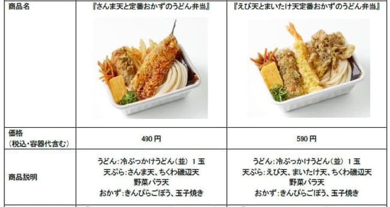 Marugame Seimen "Saury Ten and Classic Side Dish Udon Bento" "Shrimp Ten and Maitake Ten Classic Side Dish Udon Bento"