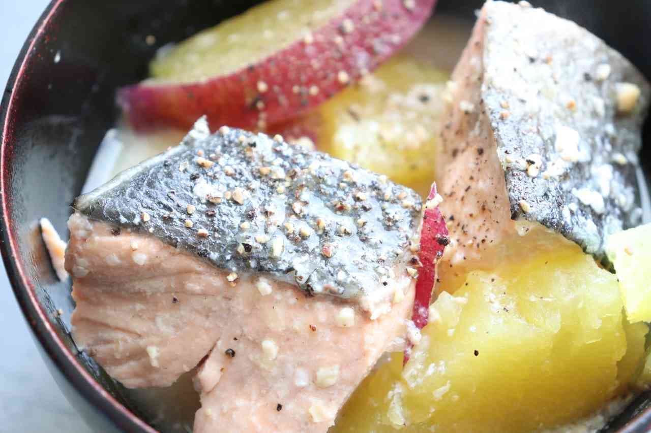 Boiled salmon and sweet potatoes in miso butter