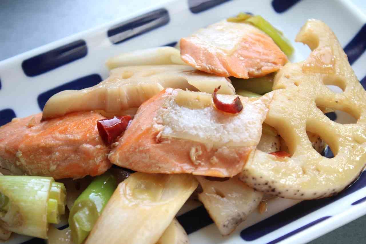 Grilled salmon and lotus root