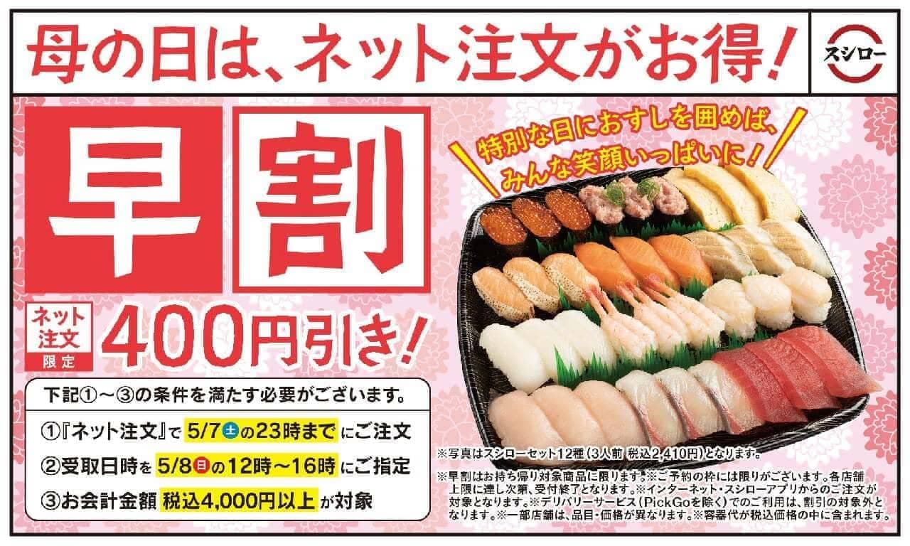 Sushiro To go 400 yen discount! Mother's Day Online Order Exclusive Discount Campaign