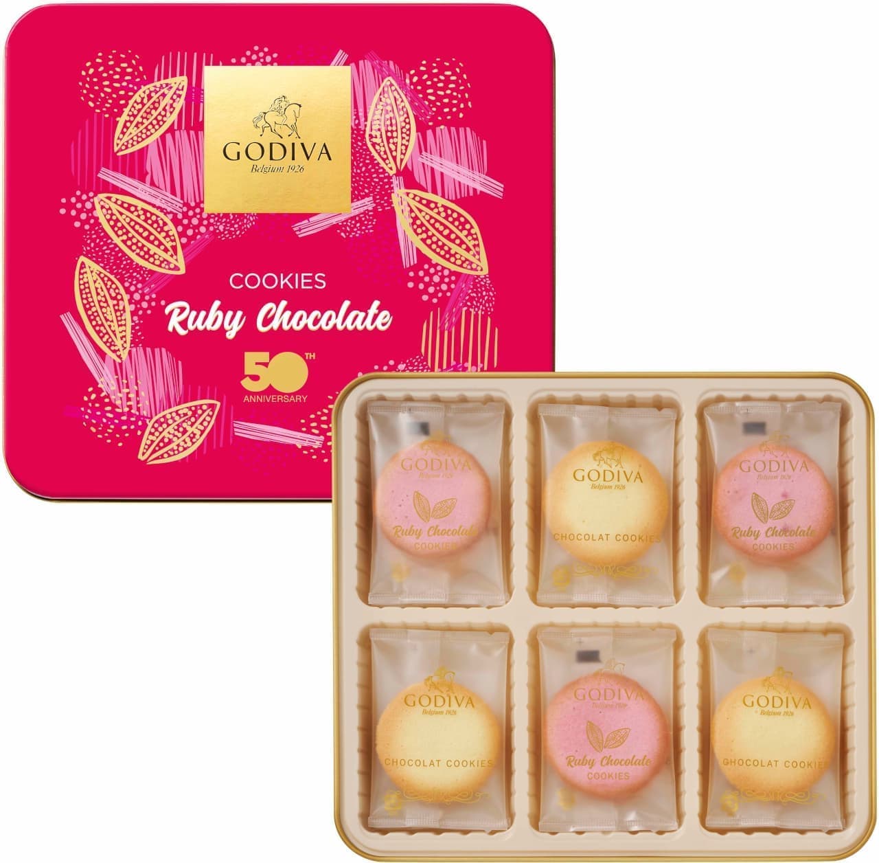 Godiva "50th Anniversary Anniversary Gratitude Sablé Chocolat", "50th Anniversary Gratitude Ruby Chocolate Cookies", etc.