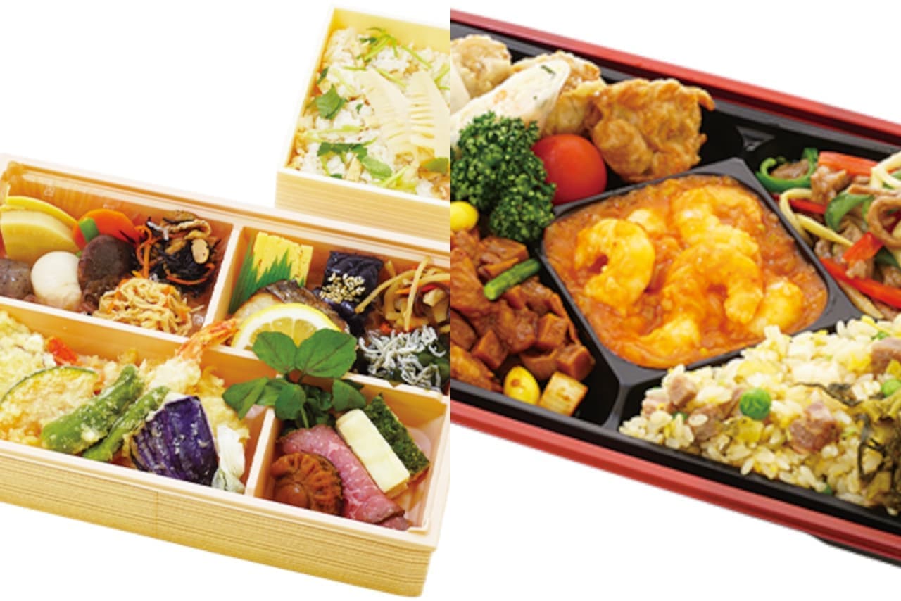 成城石井「6種の天ぷらと12品目のおかずと季節のご飯弁当」「海老チリと青椒肉絲の焼豚炒飯弁当」
