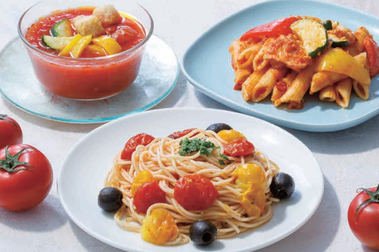 KINOKUNIYA "Refreshing Gazpacho with Ripe Tomatoes and Summer Vegetables," "Chilled Cappellini with the Delicious Flavor of Tomatoes," "KINOKUNIYA's Smooth Mango Pudding