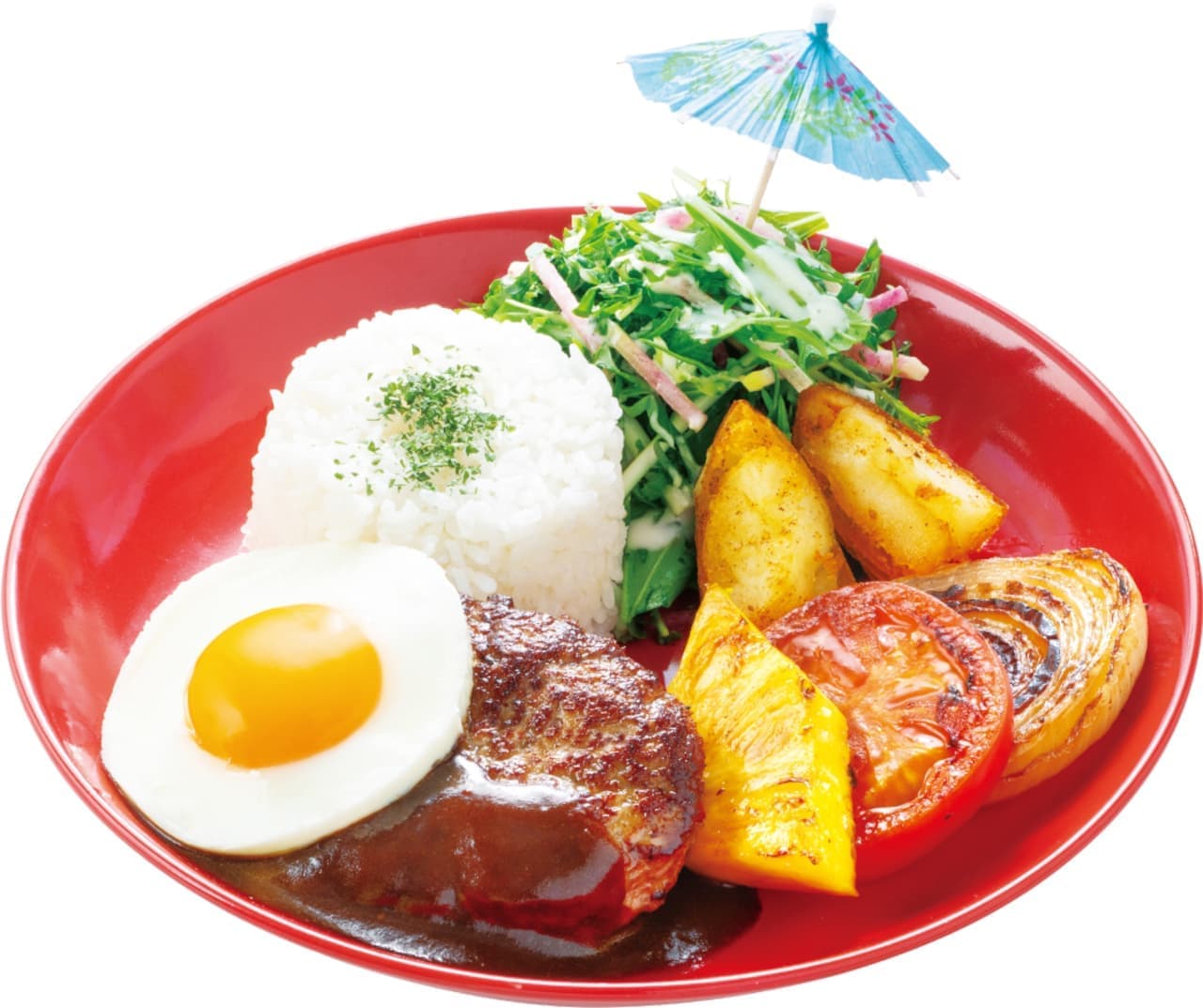 Big Boy "Loco Moco Plate with hand-kneaded hamburger steak" and "Open-flame grilled frizzy chicken plate