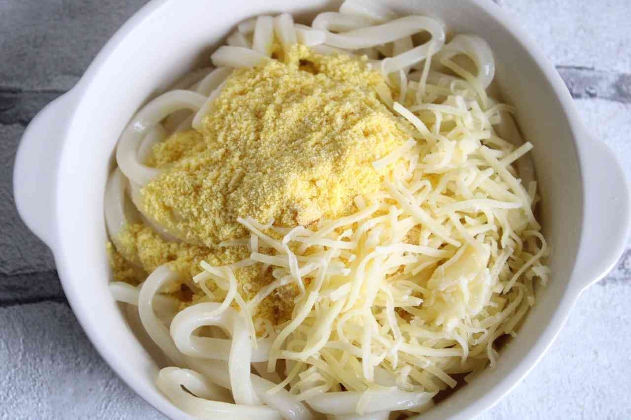Carbonara style udon noodles with corn soup