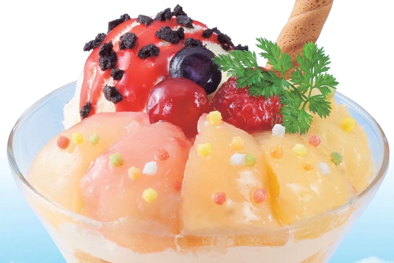 Japanese food sato "White Peach and Mellow Custard Parfait", "White Peach Toroama Dolce", "Colorful Frozen Sundae".