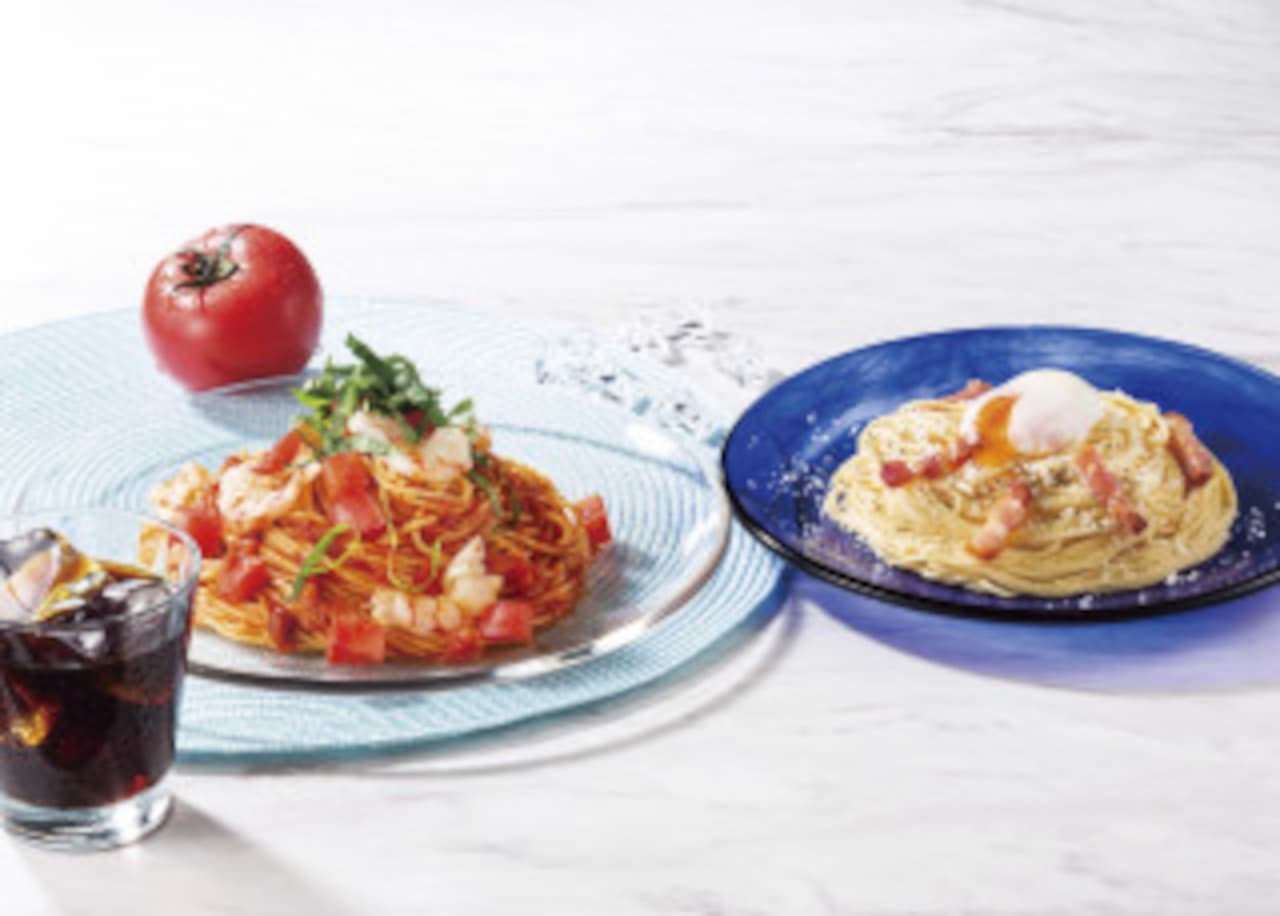 Italian Tomato cold "Pasta with natural red shrimp and ripe tomatoes" and "Carbonara with half-boiled egg