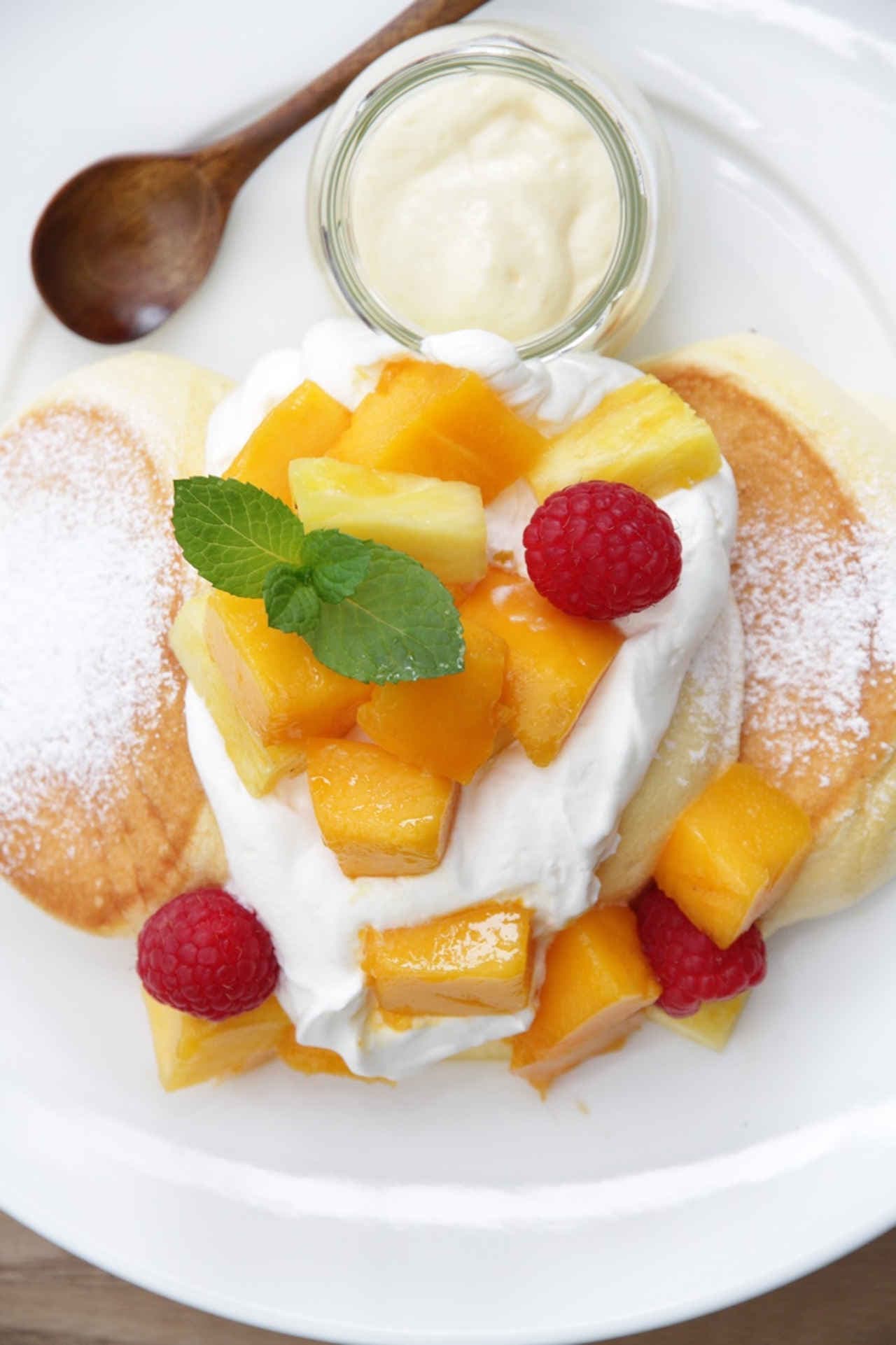 Happy Pancakes "Lemon Custard Pancakes with Ripe Apple Mango and Pineapple