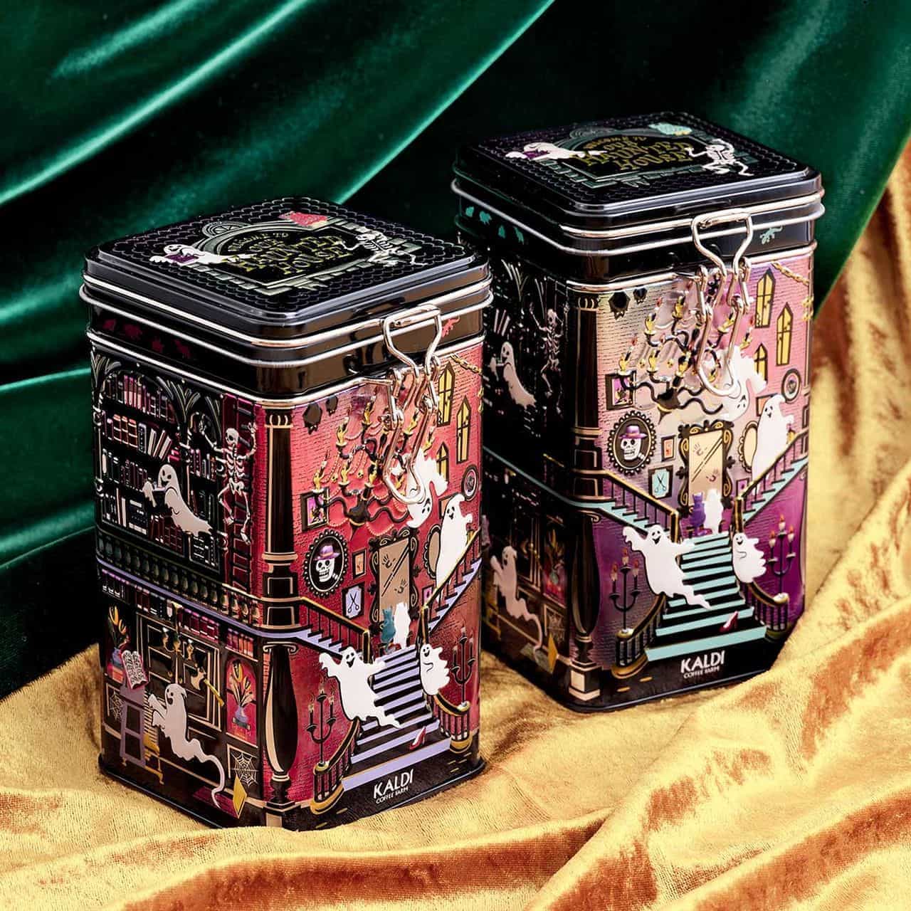 カルディコーヒーファーム「オリジナル ハロウィンキャニスター缶（ピンク＆パープル／グリーン＆パープル）」