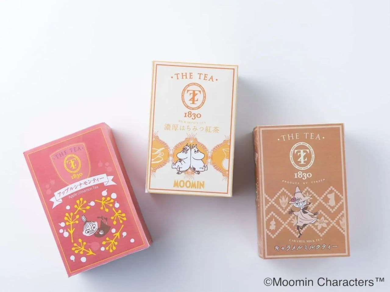 Moomin flavored teas: "Thick Honey Black Tea," "Apple Cinnamon Tea," and "Caramel Milk Tea