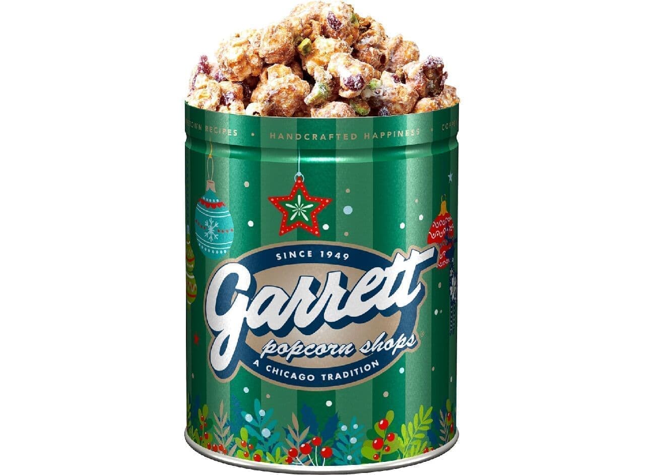 Garrett Popcorn's Snow White Pistachio, a limited edition holiday design tin perfect for Christmas gifts.