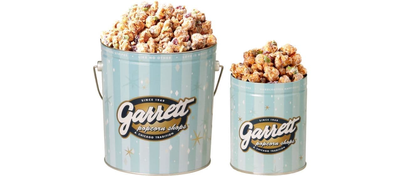 Garrett Popcorn's Snow White Pistachio, a limited edition holiday design tin perfect for Christmas gifts.