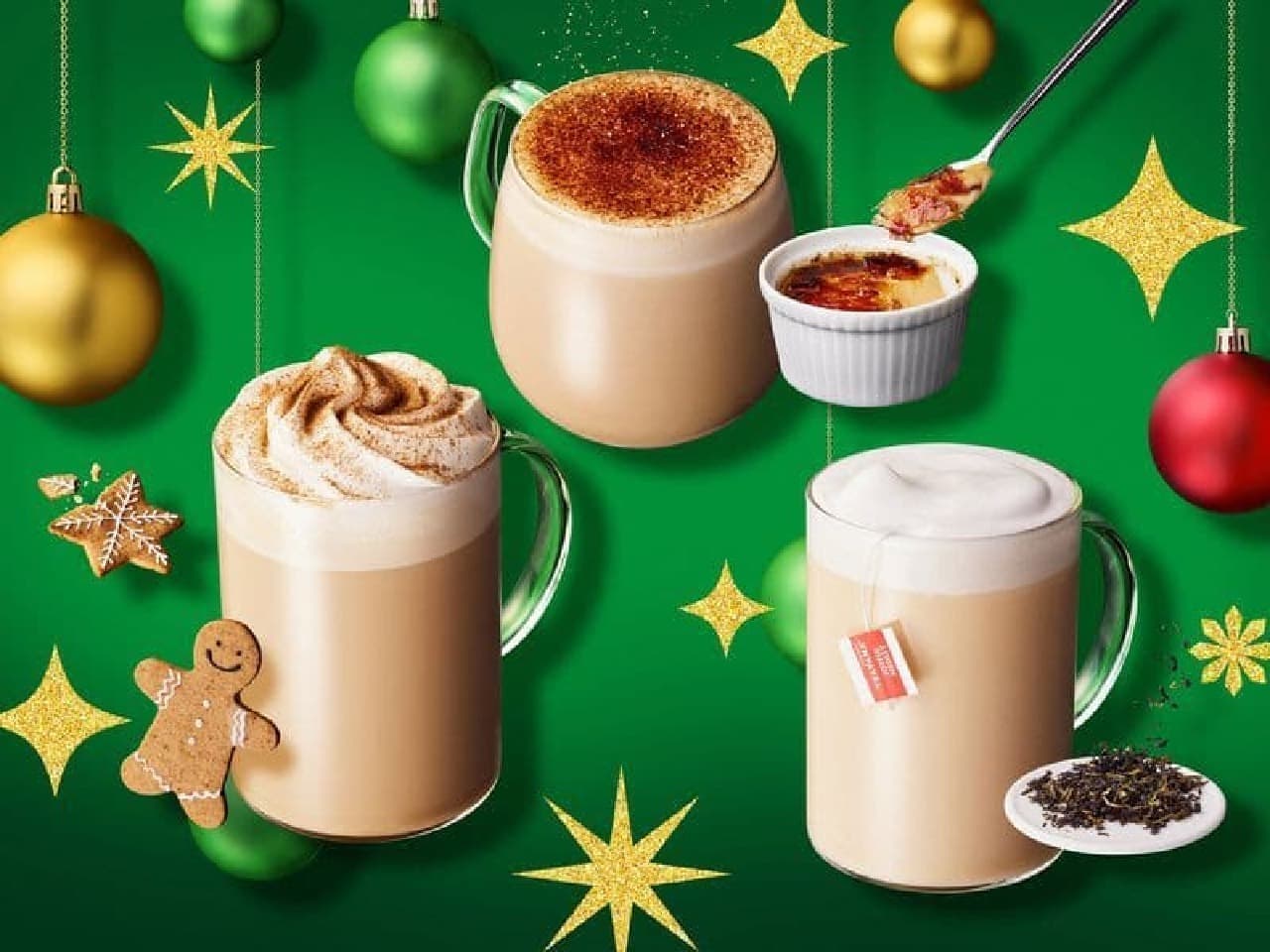Starbucks "Gingerbread Latte," "Joyful Medley Tea Latte," and "Creme Brulee Latte