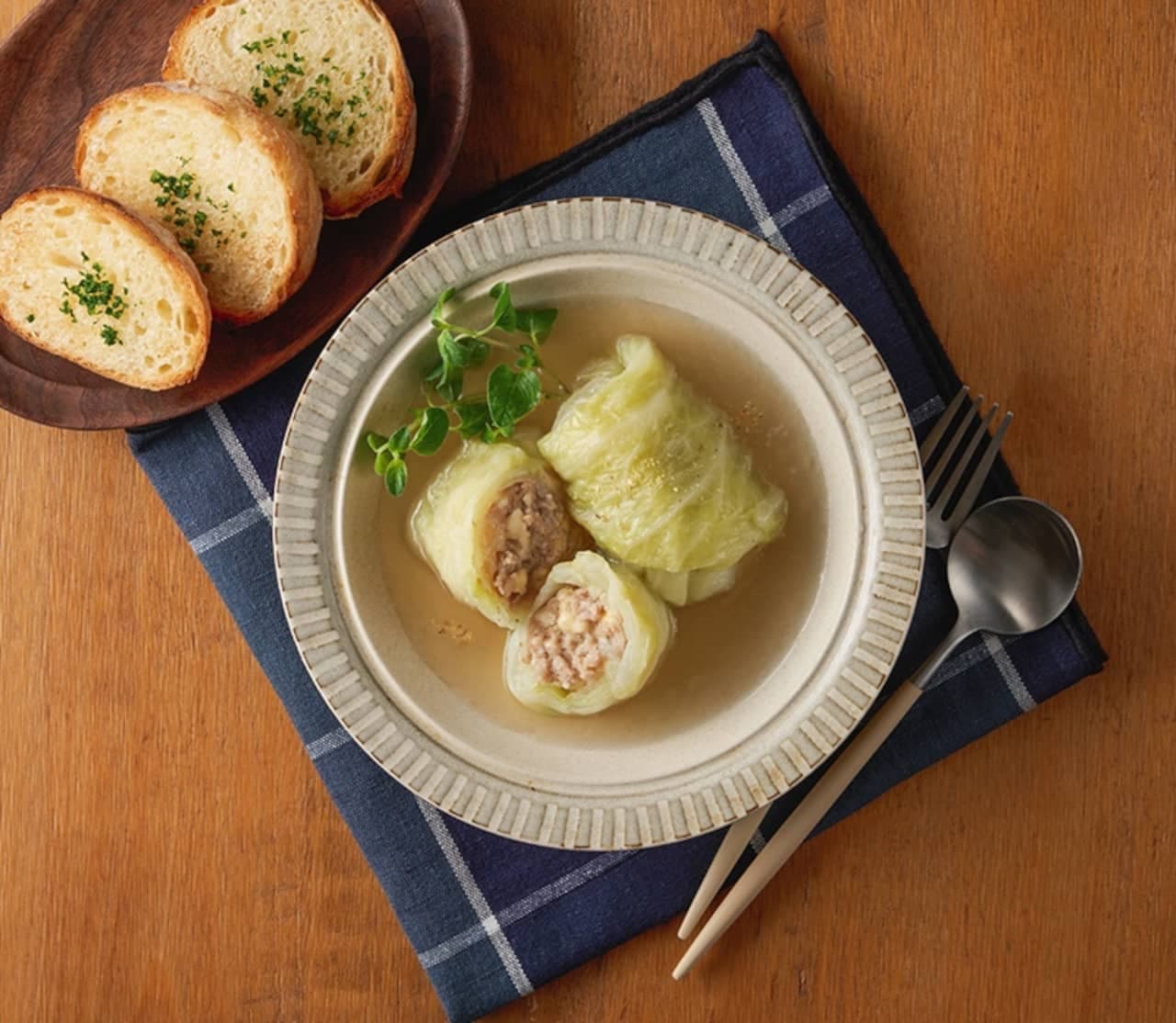 Denny's "Cheese in Cabbage Rolls in Soup - Consommé Style" - Sample of arrangement