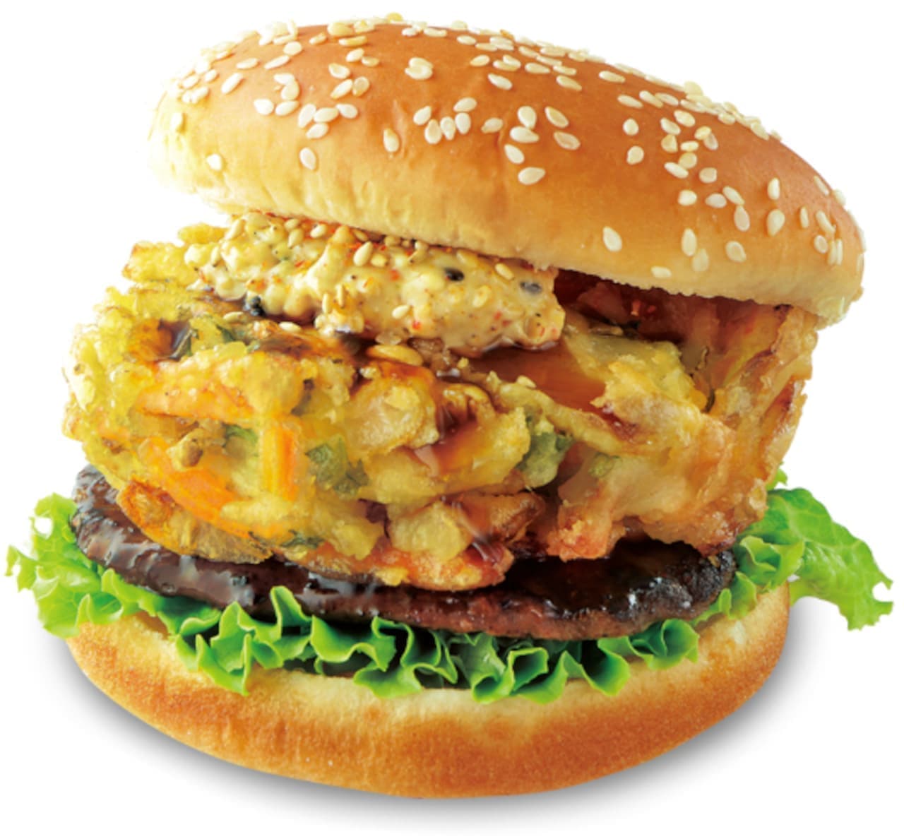 Dom Dom Hamburger "Zaku Zaku Kakiage Burger with Sesame and Seven Spice Sauce"