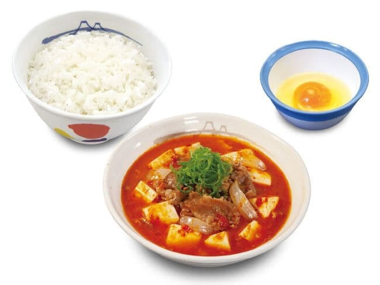 Matsuya "Beef Tofu Kimchi Chige Set" with raw egg