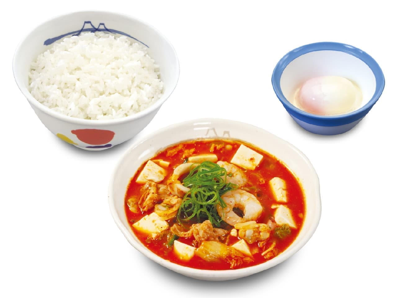 Matsuya "Seafood Tofu Kimchi Chige Set" with half-boiled egg