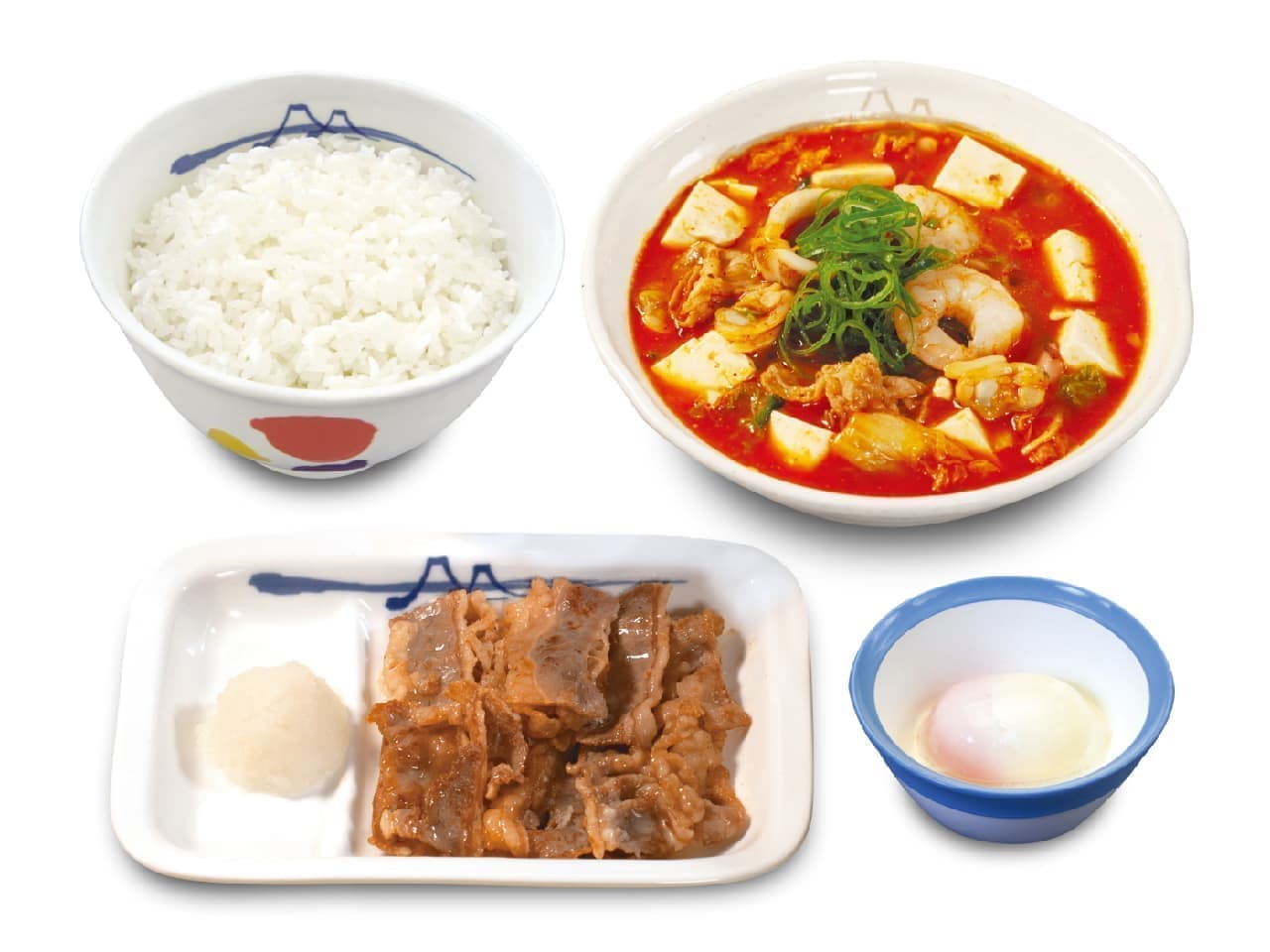 Matsuya "Seafood tofu kimchi jjigae kalbi yakiniku set" with half-boiled egg