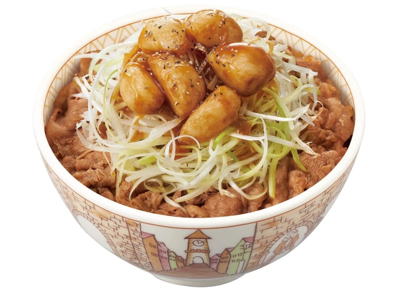 Sukiya "Garlic Shiragane Negi Gyudon" (beef bowl with garlic and shiraganegi)