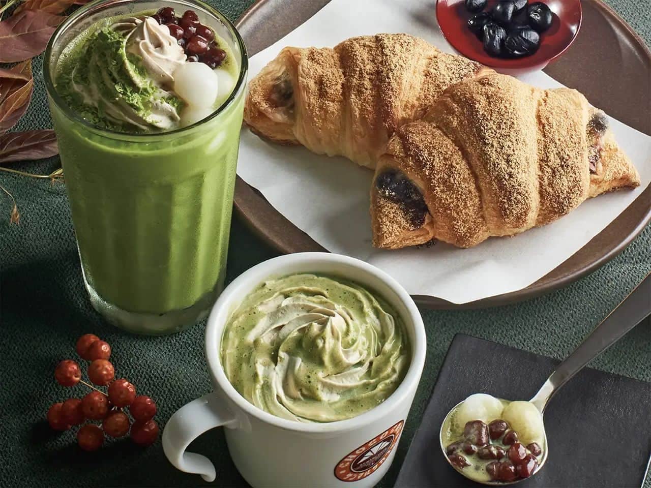 St. Mark's Cafe "Premium Chococlo Black Bean Kinako Mochi", "Dark Green Tea Shiratama Smoothie", "Dark Green Tea Shiratama Latte".